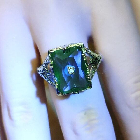 Rainbow Fluorite Filigree Cocktail Ring Size 9.5 Art Deco 925 Sterling Silver - Picture 7 of 16